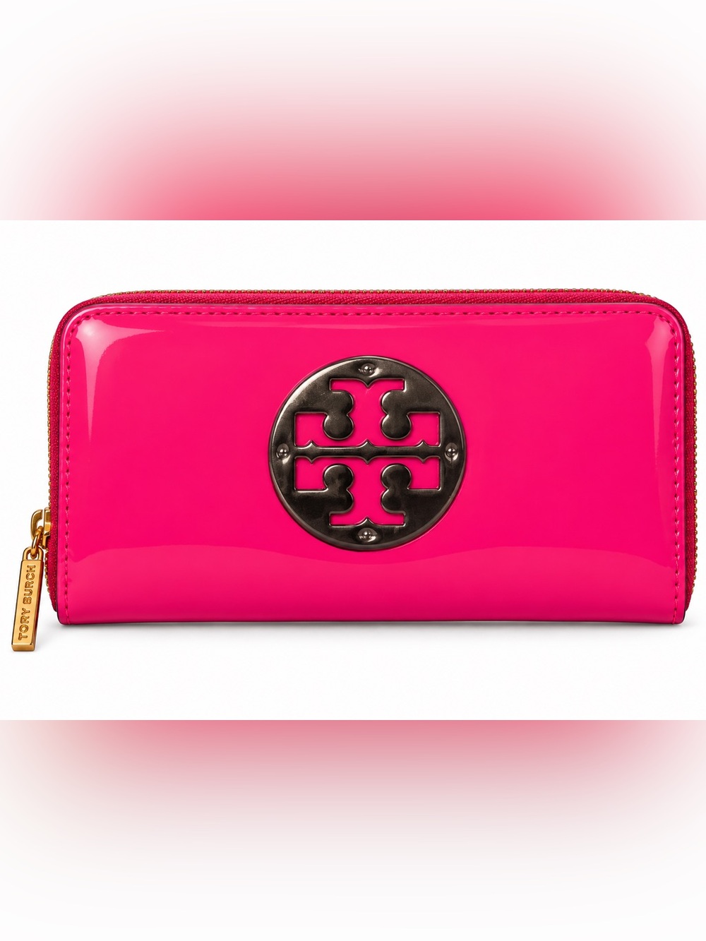 Tory Burch Patent Zip Wallet in Bright Pink with Gold-Tone Logo